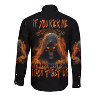 Unisex black long-sleeve button shirt, fiery skull graphic on back