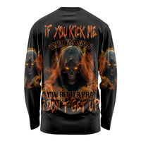 Unisex black long-sleeve shirt with flaming skull graphic on back