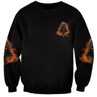 Black unisex sweatshirt with small flame hooded skull graphic at center chest