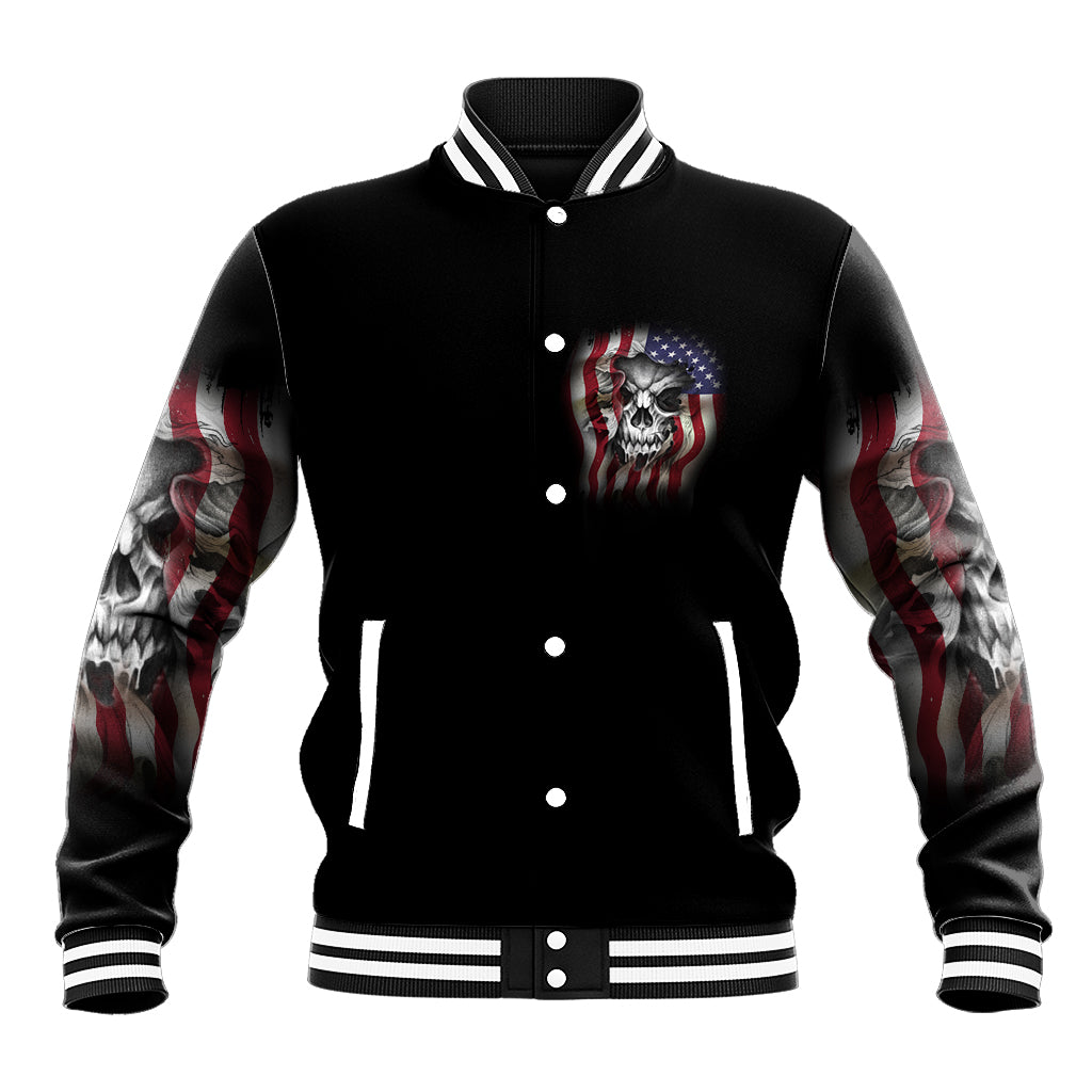 Black unisex varsity baseball jacket with button front, skull patch, red-white-blue sleeve prints