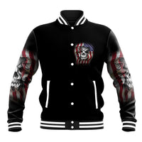 Black unisex varsity baseball jacket with button front, skull patch, red-white-blue sleeve prints