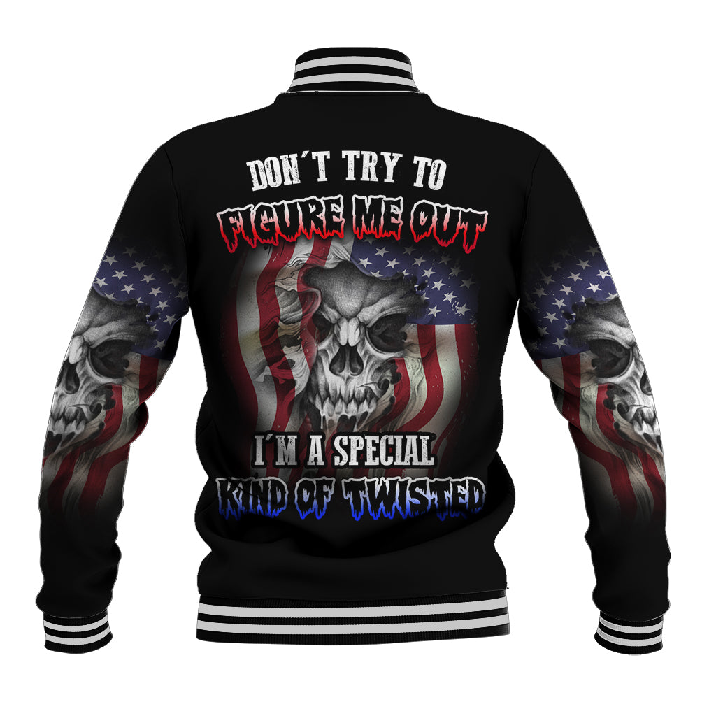Black unisex baseball jacket, ribbed striped collar, skull and American flag graphic