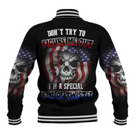 Black unisex baseball jacket, ribbed striped collar, skull and American flag graphic