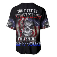 Black baseball jersey, back graphic with skull, stars and stripes, bold slogan text