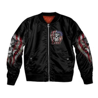 Unisex black bomber jacket with front zipper and skull US flag graphic
