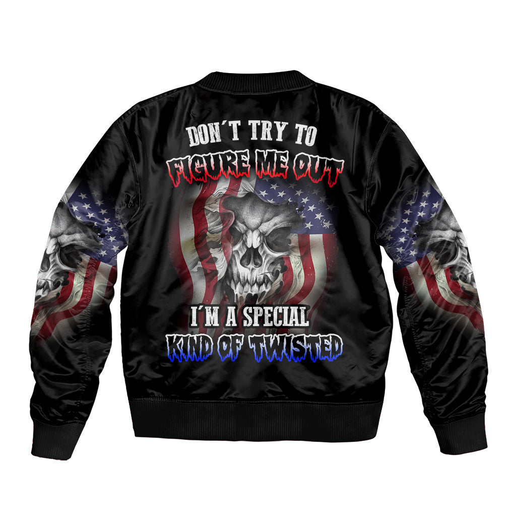 Unisex black bomber jacket with skull and US flag stars-and-stripes graphic on back