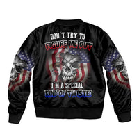 Unisex black bomber jacket with skull and US flag stars-and-stripes graphic on back