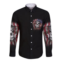 Black long-sleeve button shirt, front skull with red white blue stripes