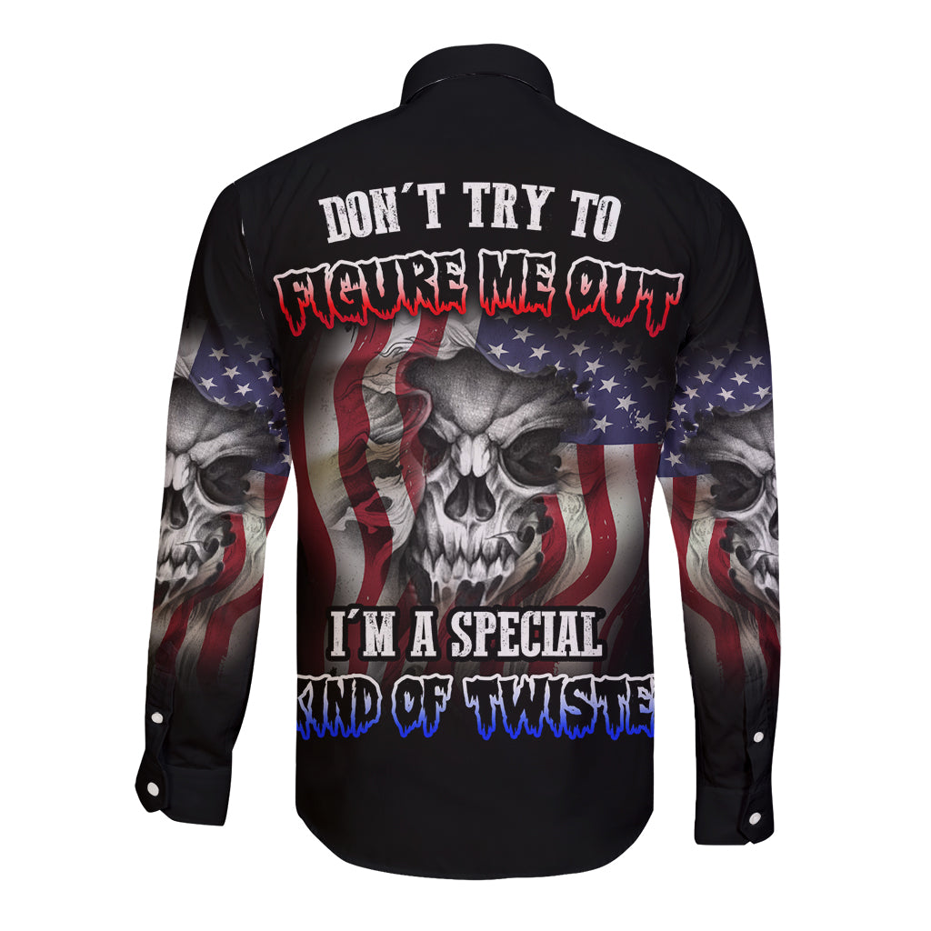 Black long-sleeve button shirt, back skull and stars-and-stripes graphic