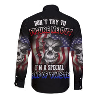 Black long-sleeve button shirt, back skull and stars-and-stripes graphic