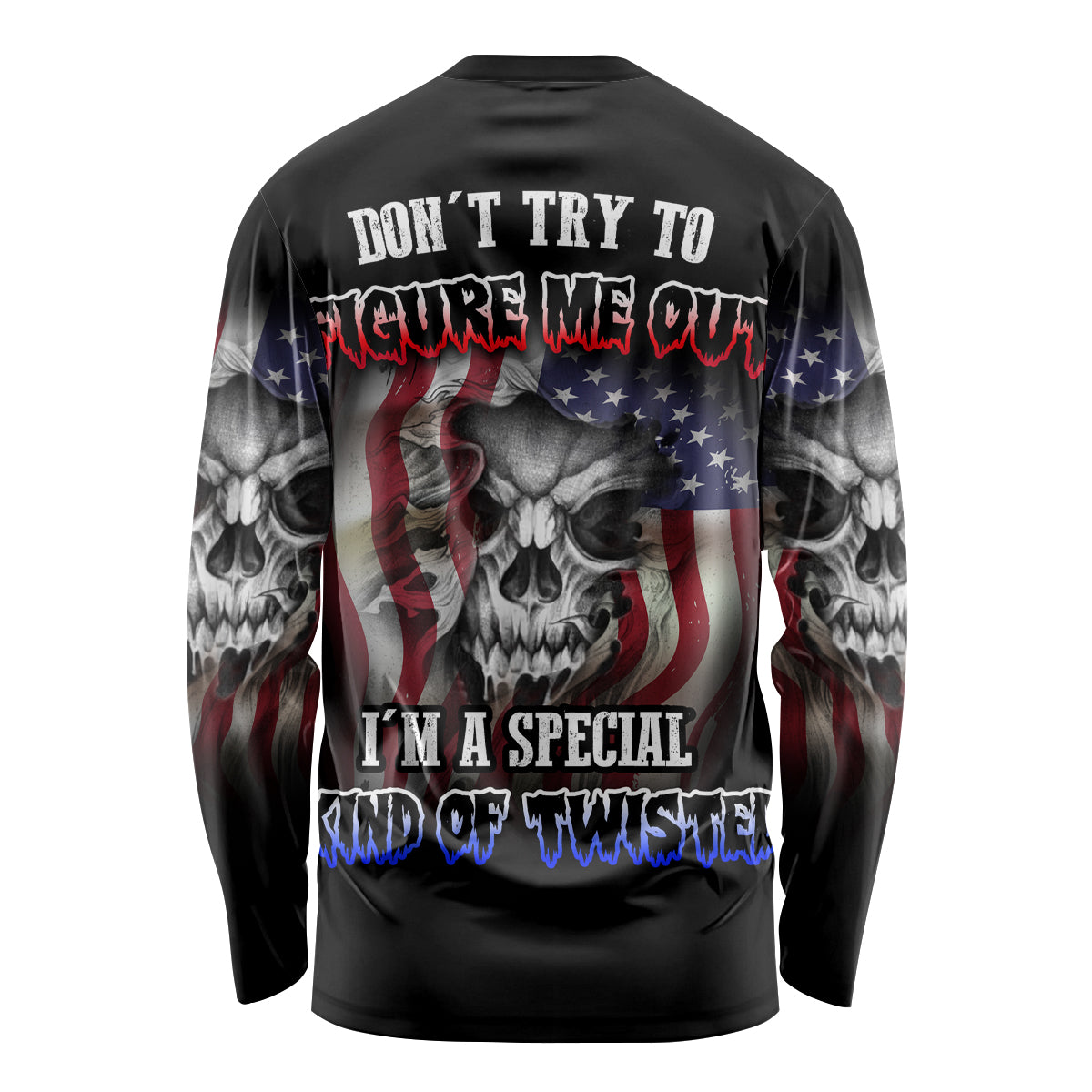 Unisex long sleeve black shirt with back skull, American flag stars-and-stripes print