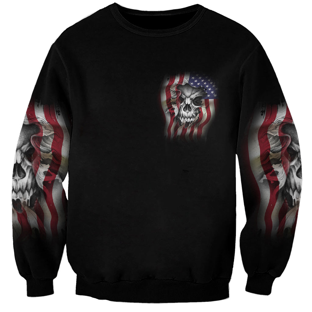 Black unisex sweatshirt with chest skull flag print and striped sleeve graphics