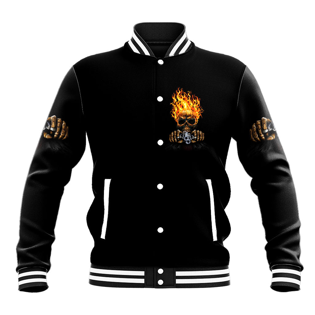 Black varsity baseball jacket front with button-up placket and flame skull chest graphic