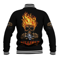 Black varsity baseball jacket with flame skull back graphic, striped ribbed collar and cuffs