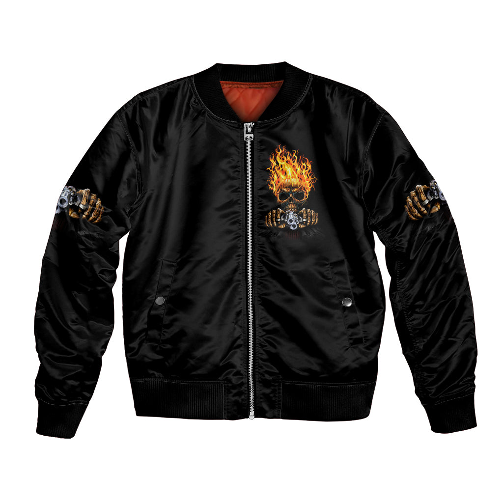 Black bomber jacket with zip front and flame skull patch on chest, ribbed hem cuffs