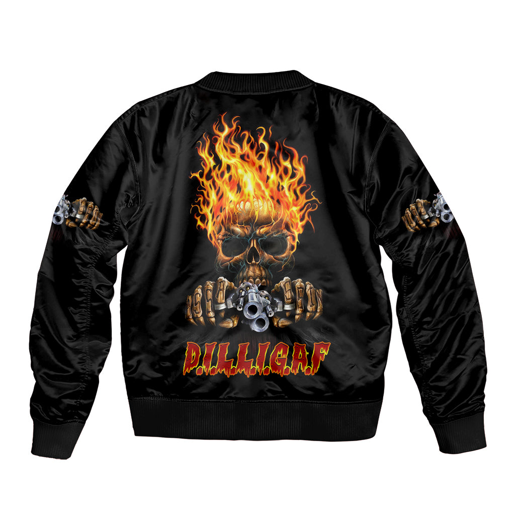 Black bomber jacket with flame skull graphic and ribbed cuffs, knit collar, back view