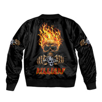 Black bomber jacket with flame skull graphic and ribbed cuffs, knit collar, back view