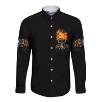 Black long-sleeve button shirt with flaming skull chest print and graphic cuffs