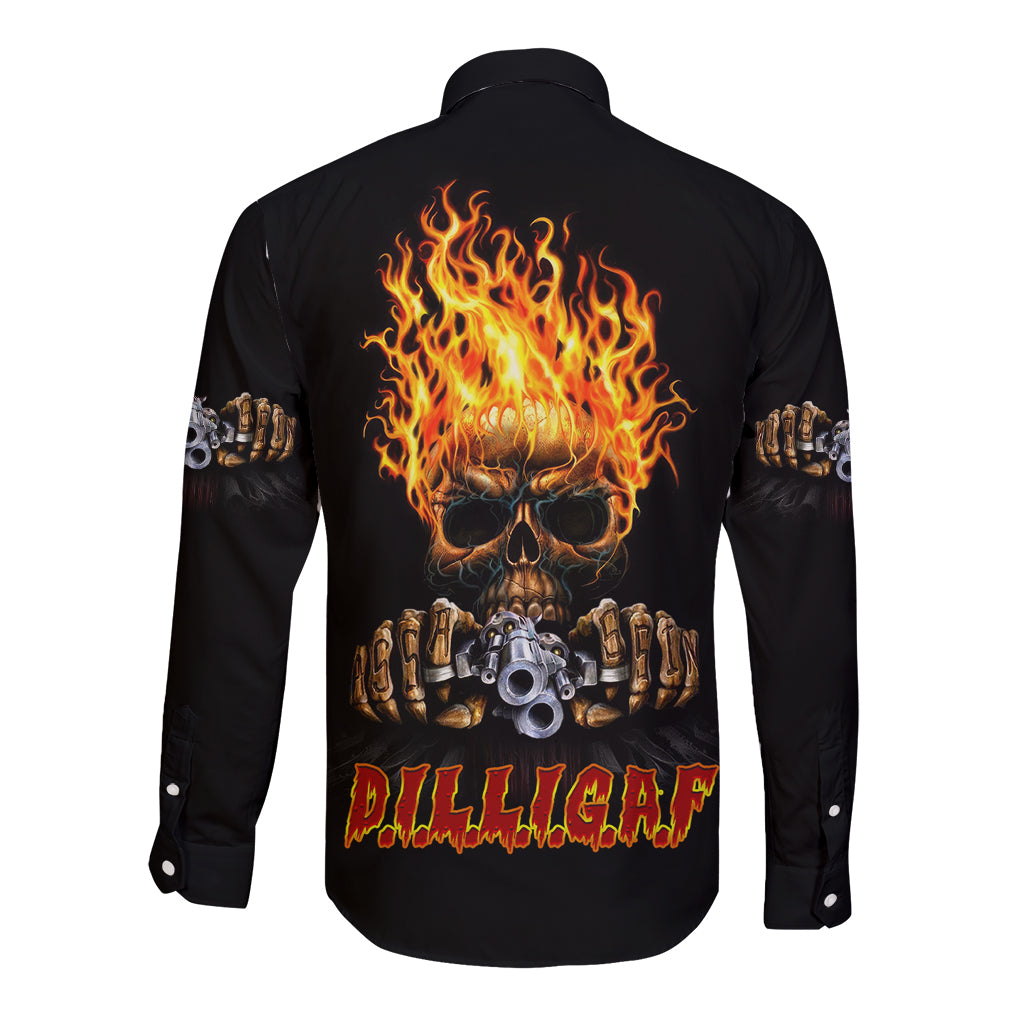 Black long-sleeve button shirt with flaming skull graphic on back