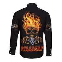 Black long-sleeve button shirt with flaming skull graphic on back