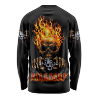 Dilligaf long-sleeve black shirt with flaming skull graphic and raised hands on back