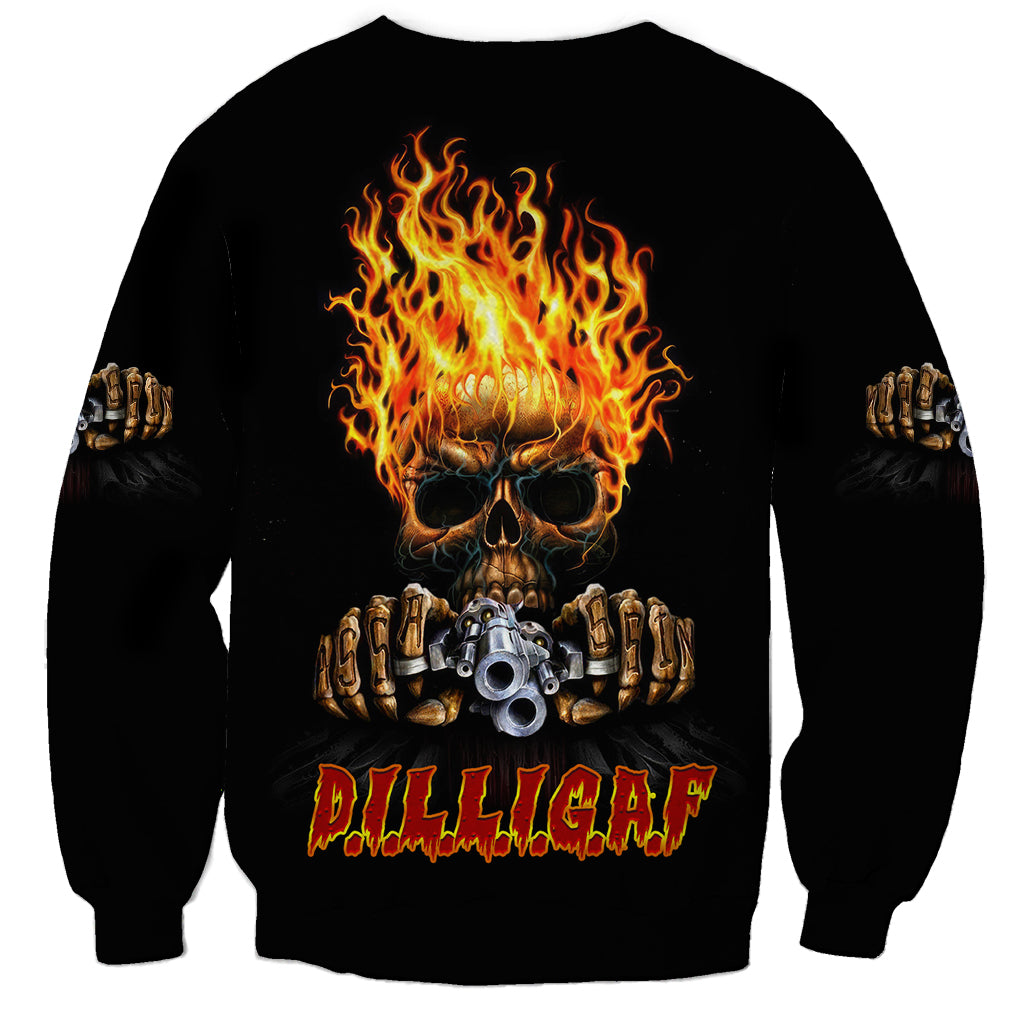Black unisex sweatshirt with flaming skull, hand graphic on sleeves, and Dilligaf text
