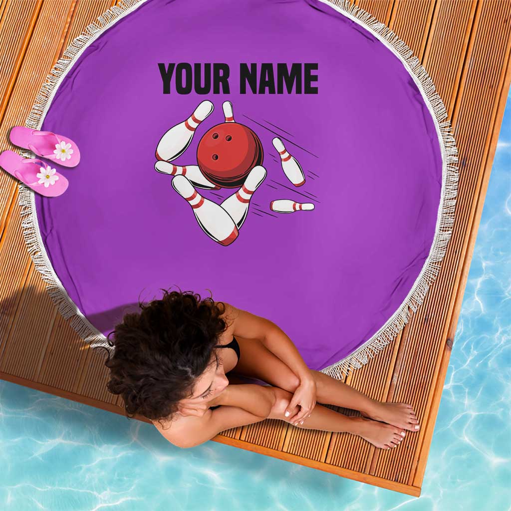 Personalized Purple Black Retro Bowling Beach Blanket with Cartoon Strike - Wonder Print Shop