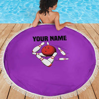 Personalized Purple Black Retro Bowling Beach Blanket with Cartoon Strike - Wonder Print Shop
