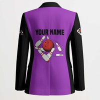 Personalized Purple Black Retro Bowling Blazer with Cartoon Strike - Wonder Print Shop