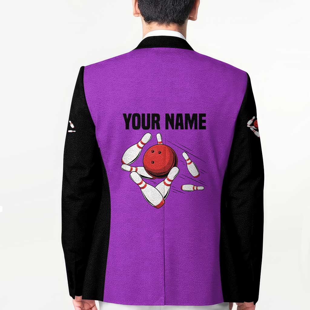 Personalized Purple Black Retro Bowling Blazer with Cartoon Strike - Wonder Print Shop
