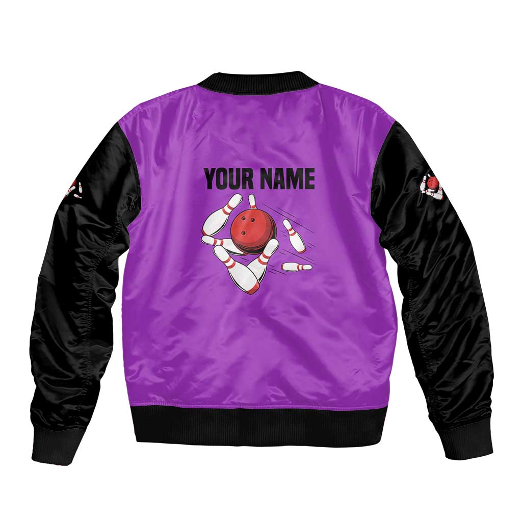 Personalized Purple Black Retro Bowling Bomber Jacket with Cartoon Strike - Wonder Print Shop