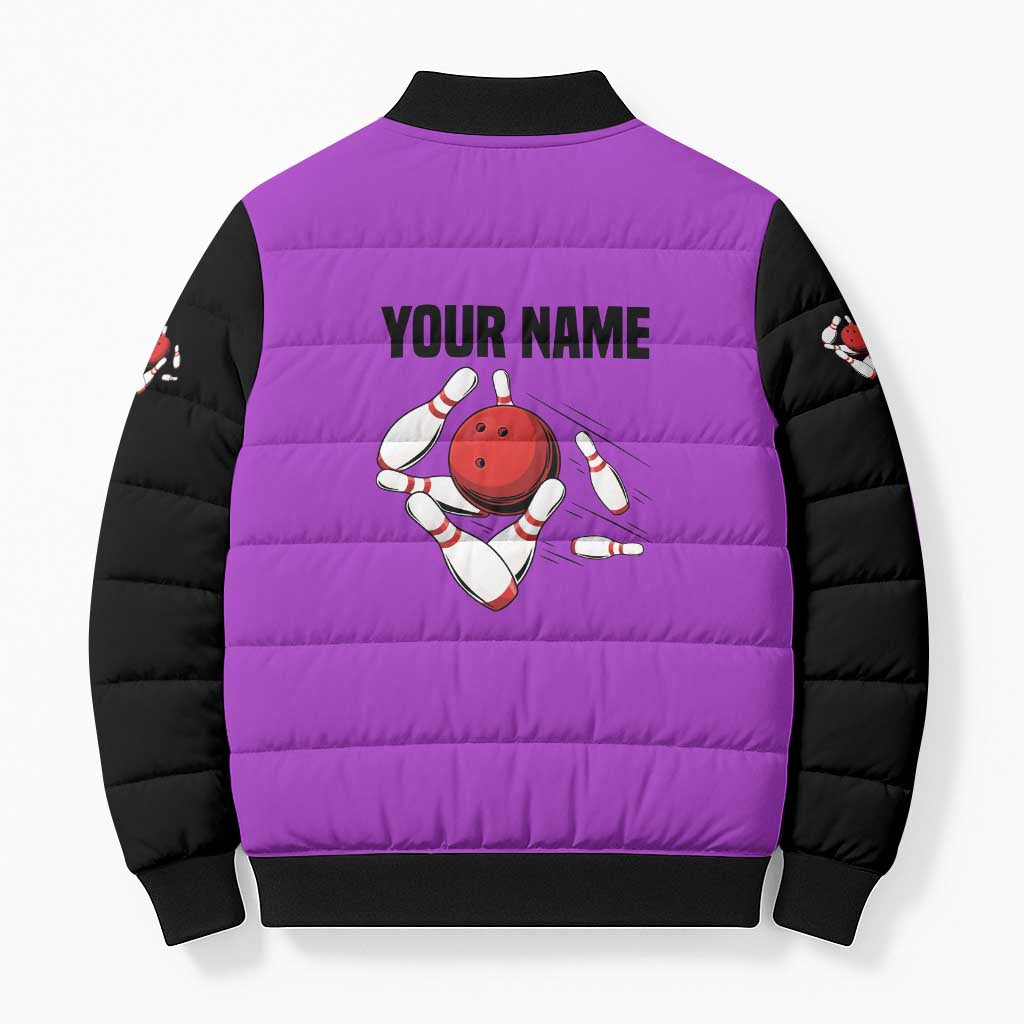 Personalized Purple Black Retro Bowling Bomber Puffer Jacket with Cartoon Strike - Wonder Print Shop