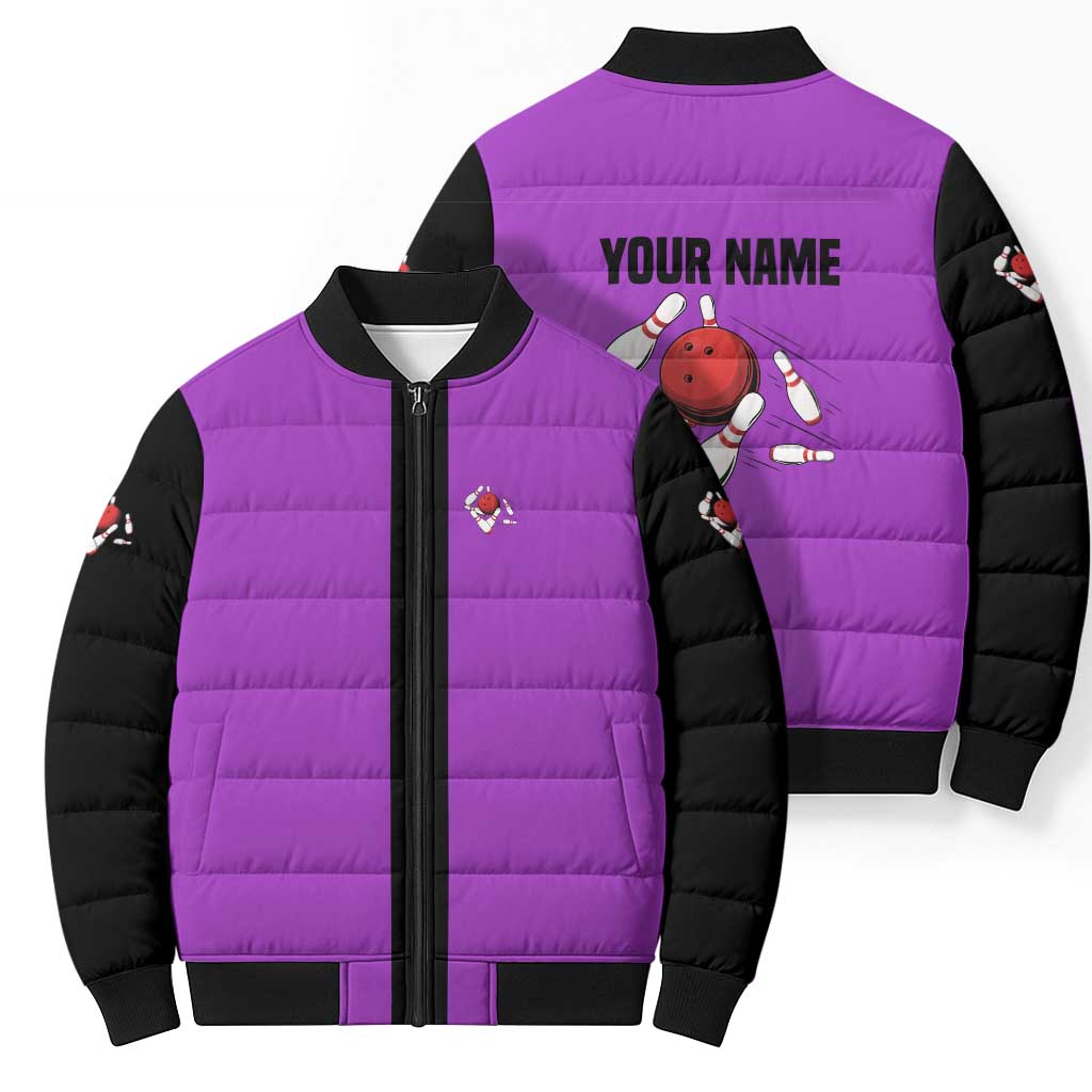 Personalized Purple Black Retro Bowling Bomber Puffer Jacket with Cartoon Strike - Wonder Print Shop