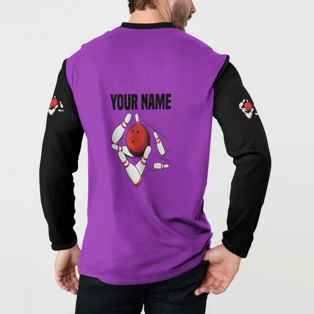 Personalized Purple Black Retro Bowling Button Sweatshirt with Cartoon Strike - Wonder Print Shop