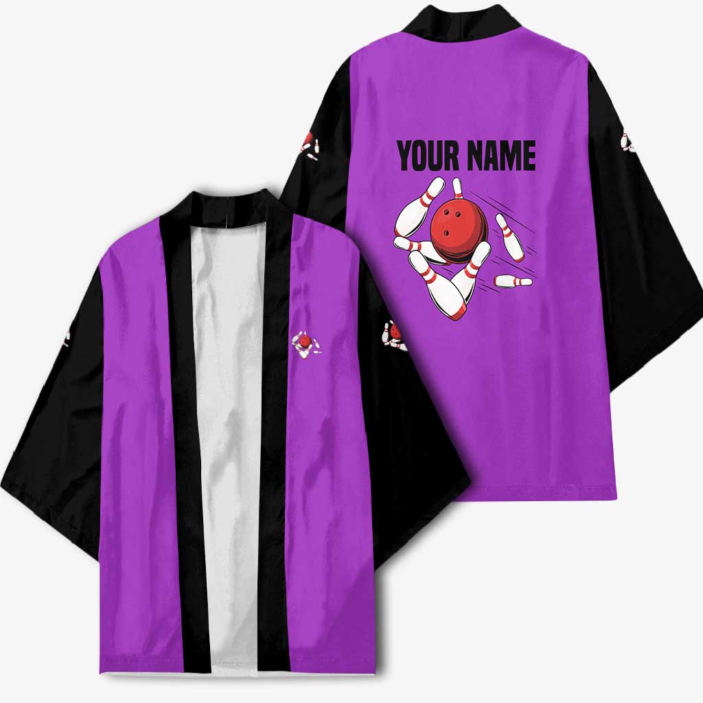 Personalized Purple Black Retro Bowling Kimono with Cartoon Strike - Wonder Print Shop