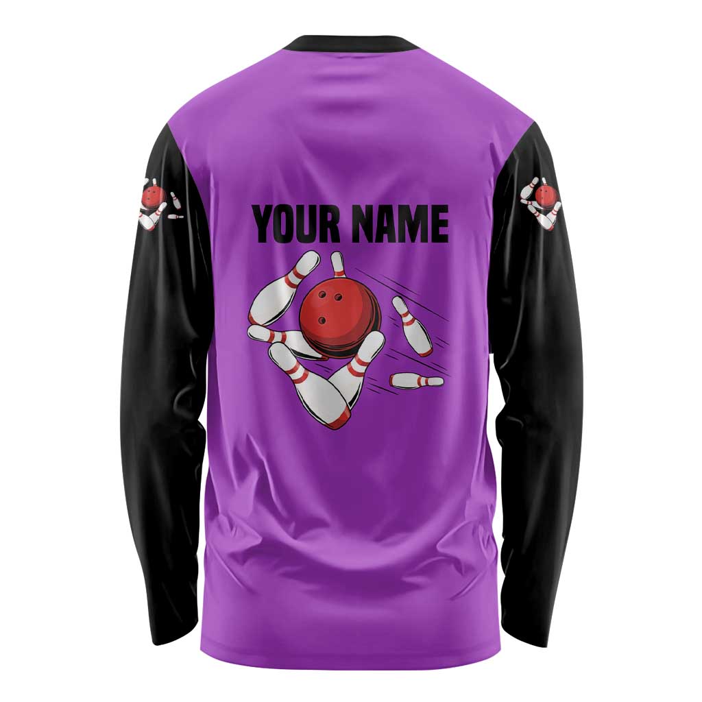 Personalized Purple Black Retro Bowling Long Sleeve Shirt with Cartoon Strike - Wonder Print Shop