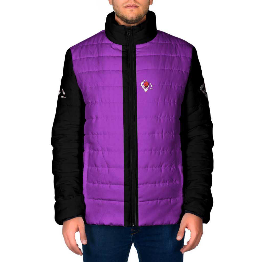 Personalized Purple Black Retro Bowling Padded Jacket with Cartoon Strike - Wonder Print Shop