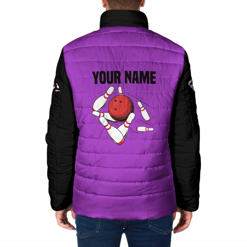 Personalized Purple Black Retro Bowling Padded Jacket with Cartoon Strike - Wonder Print Shop