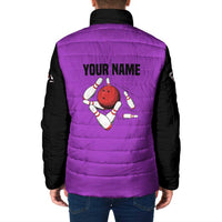 Personalized Purple Black Retro Bowling Padded Jacket with Cartoon Strike - Wonder Print Shop