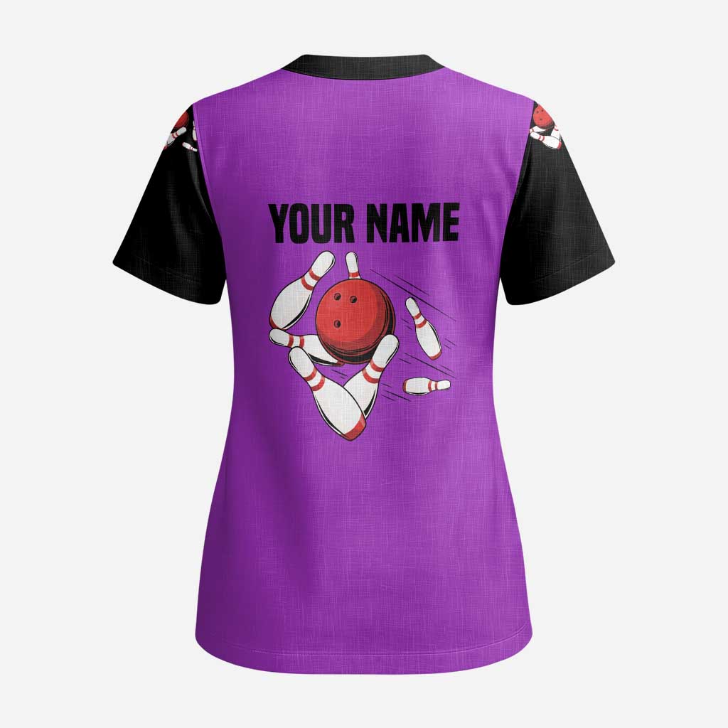Personalized Purple Black Retro Bowling Scrub Top with Cartoon Strike - undefined