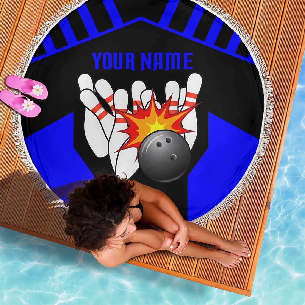 Custom Blue and Black Bowling Beach Blanket with Exploding Strike Design Pin Graphics - Wonder Print Shop