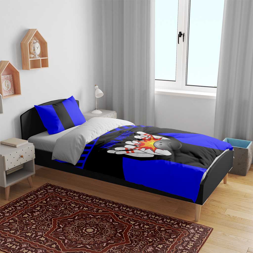 Custom Blue and Black Bowling Bedding Set with Exploding Strike Design Pin Graphics - Wonder Print Shop