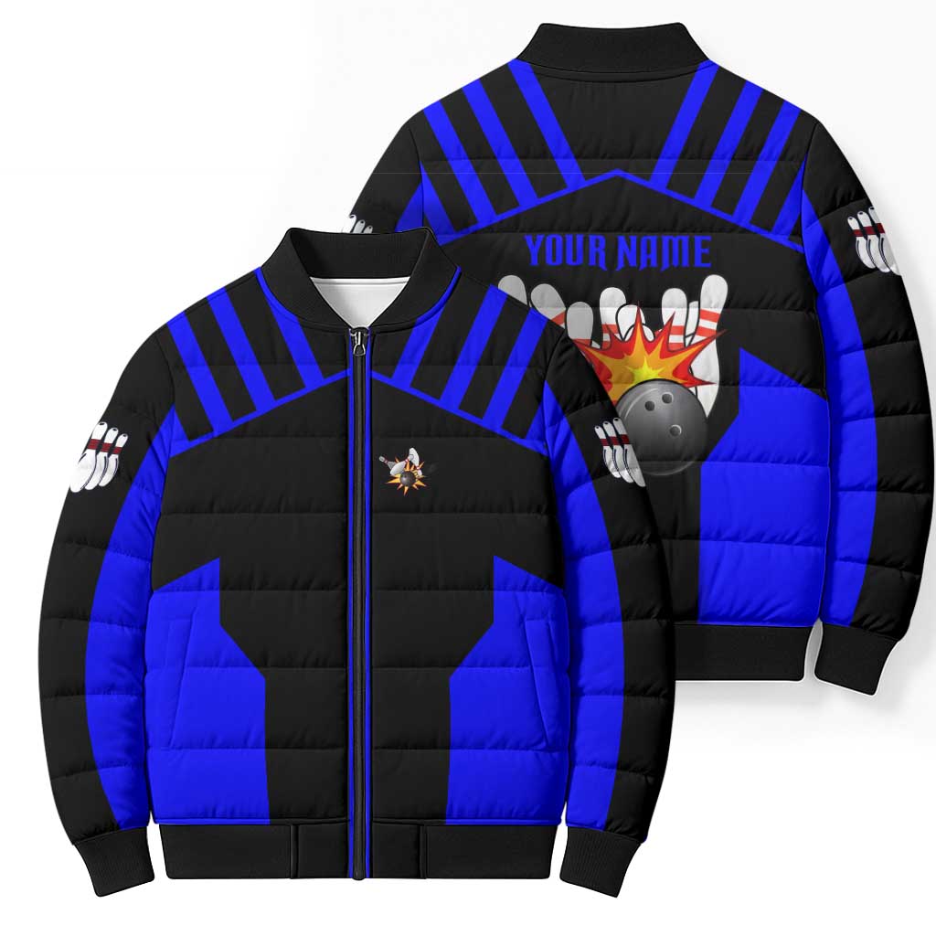 Custom Blue and Black Bowling Bomber Puffer Jacket with Exploding Strike Design Pin Graphics - Wonder Print Shop