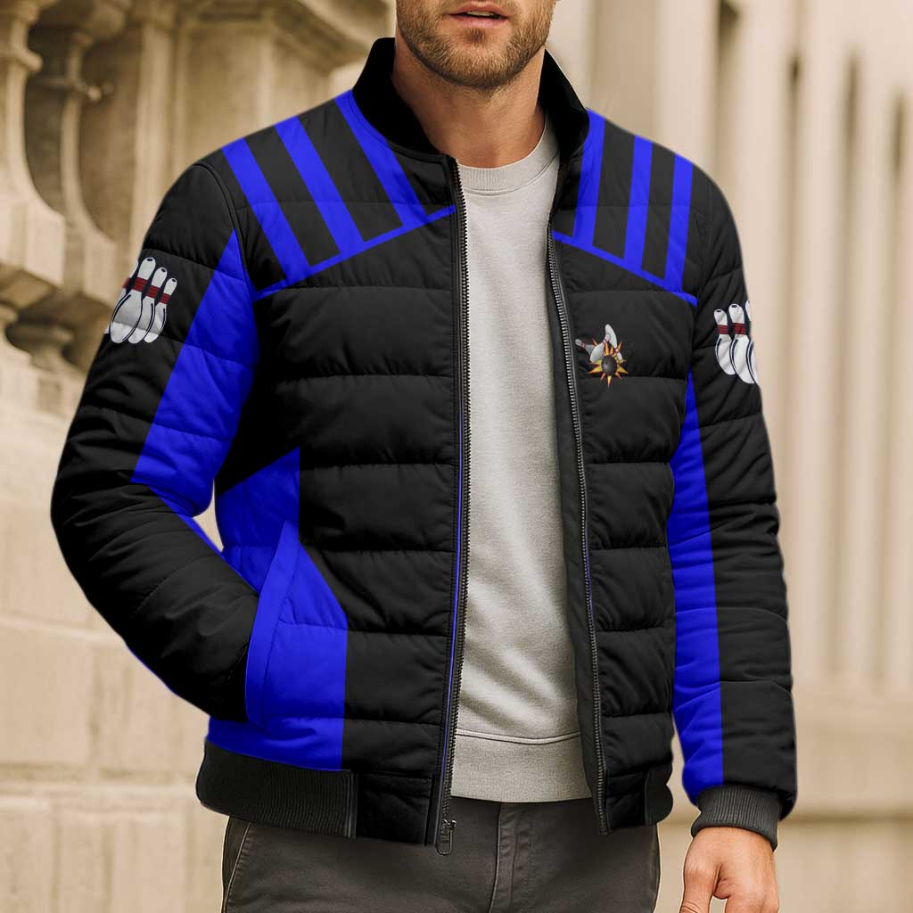 Custom Blue and Black Bowling Bomber Puffer Jacket with Exploding Strike Design Pin Graphics - Wonder Print Shop