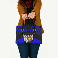 Custom Blue and Black Bowling Leather Bag with Exploding Strike Design Pin Graphics - Wonder Print Shop