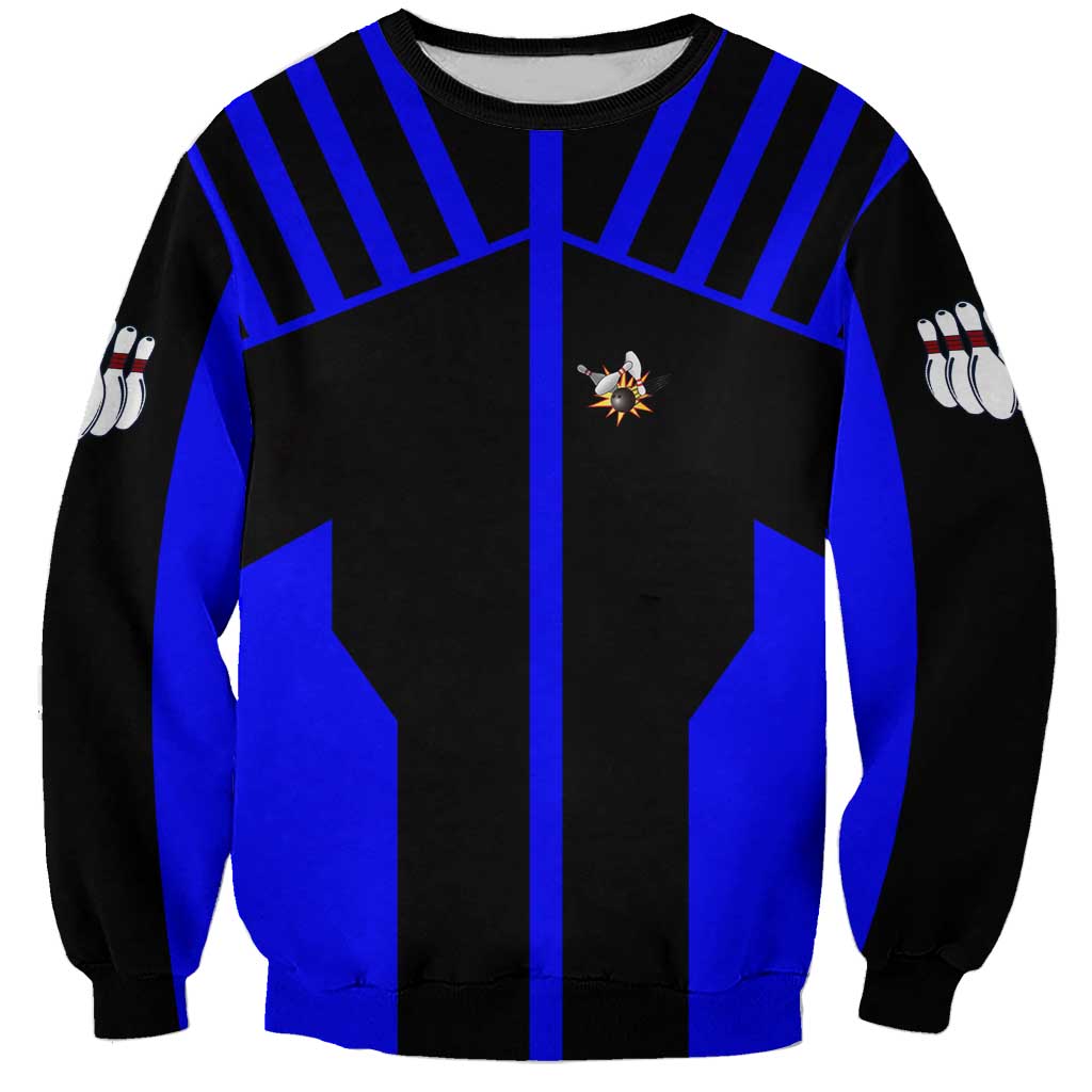 Custom Blue and Black Bowling Sweatshirt with Exploding Strike Design Pin Graphics - Wonder Print Shop