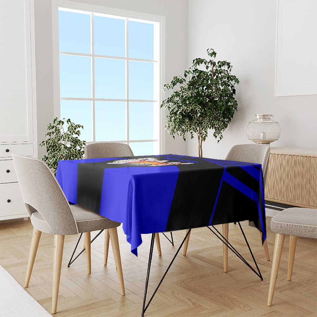Custom Blue and Black Bowling Tablecloth with Exploding Strike Design Pin Graphics - Wonder Print Shop