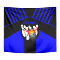 Custom Blue and Black Bowling Tapestry with Exploding Strike Design Pin Graphics - Wonder Print Shop