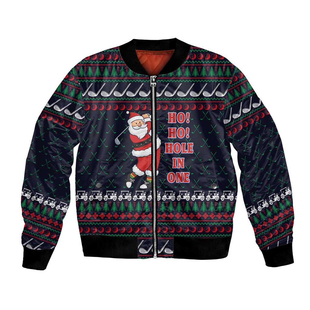Santa Hole in One Christmas Bomber Jacket with Golf Clubs and Festive Pattern - Wonder Print Shop