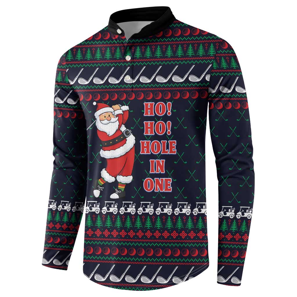 Santa Hole in One Christmas Button Sweatshirt with Golf Clubs and Festive Pattern - Wonder Print Shop